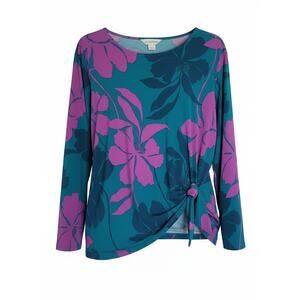 Liz Claiborne Teal & Purple Floral 3/4 Sleeve Front Tie Detail Blouse Size XXL